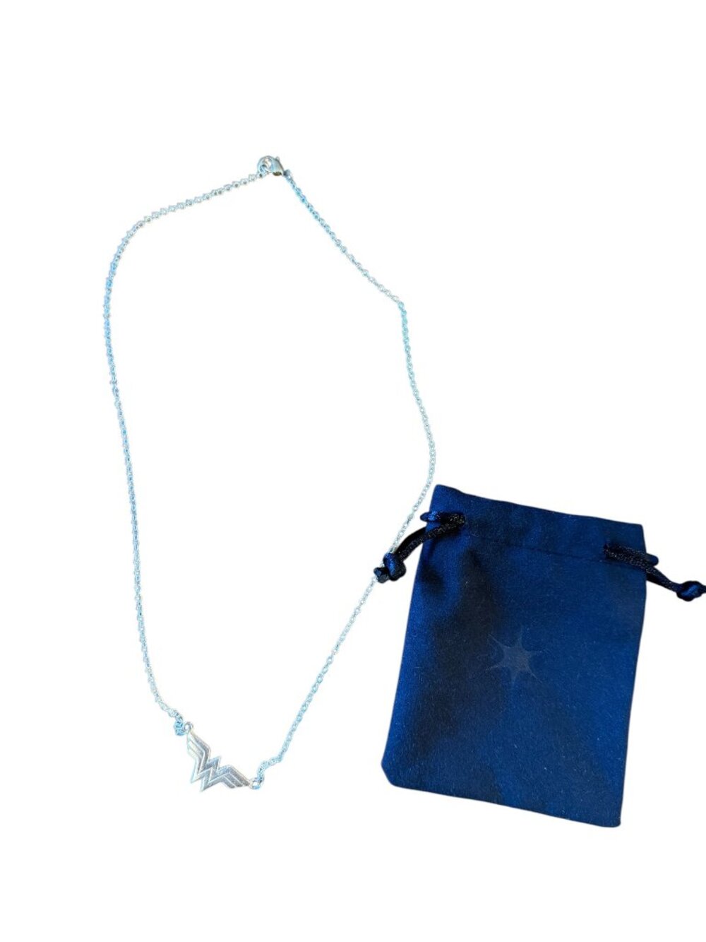 Wonder Woman Logo Necklace with Jewelry Bag • Silver Tone • 20” Chain